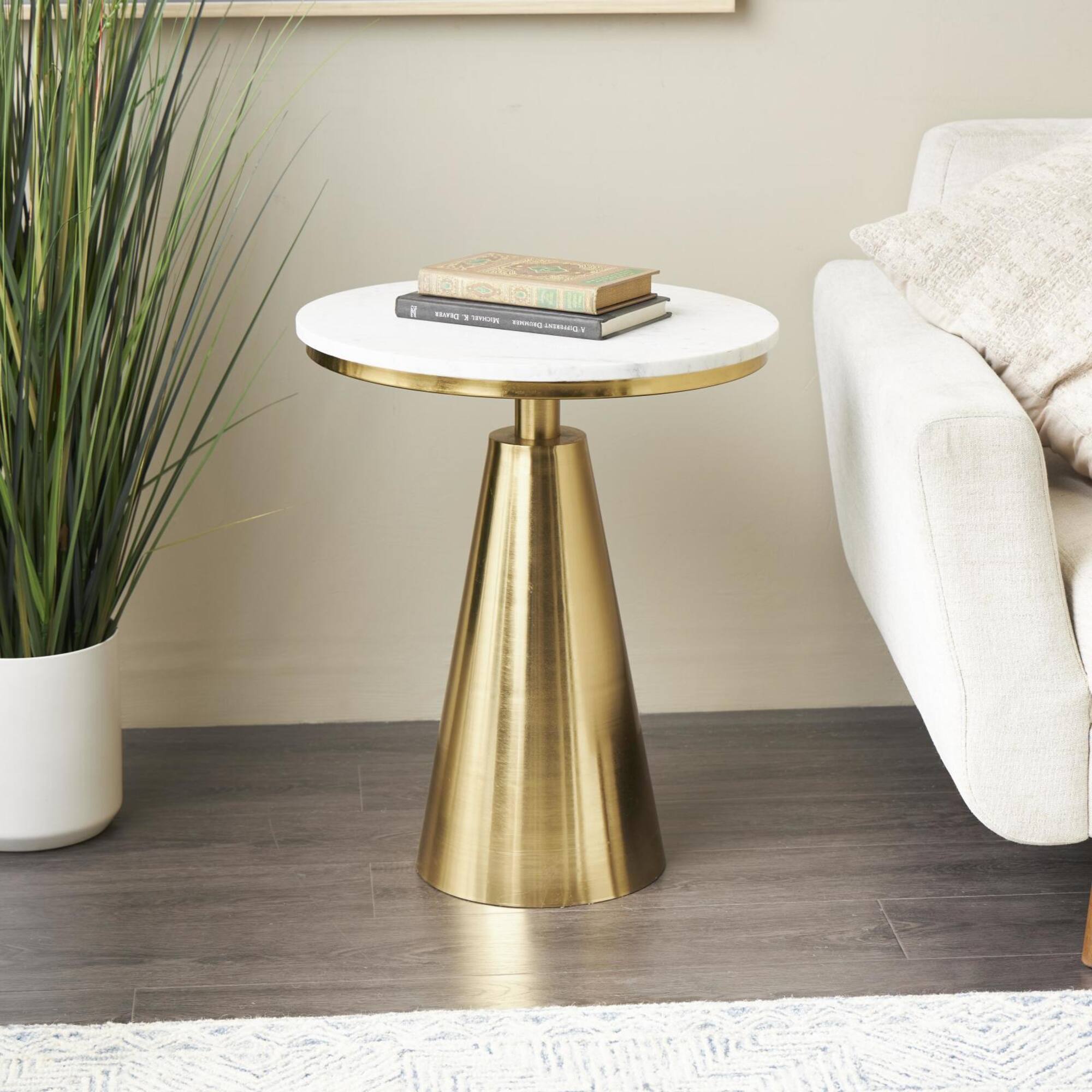 20" x 24" Gold Metal Geometric Cone Accent Table with White Marble Tabletop